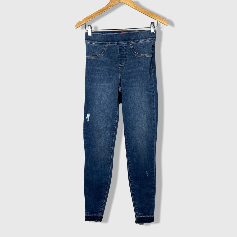 Spanx‎ Jean-ish Leggings Womens S/P Blue Distressed High Rise Skinny Denim Slim